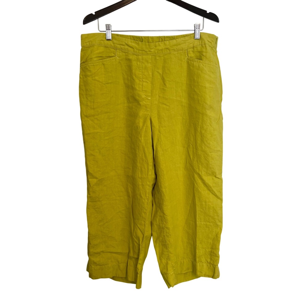 J. Jill Love Linen Chartreuse Green Cropped Wide Leg Pants XL Elastic Back